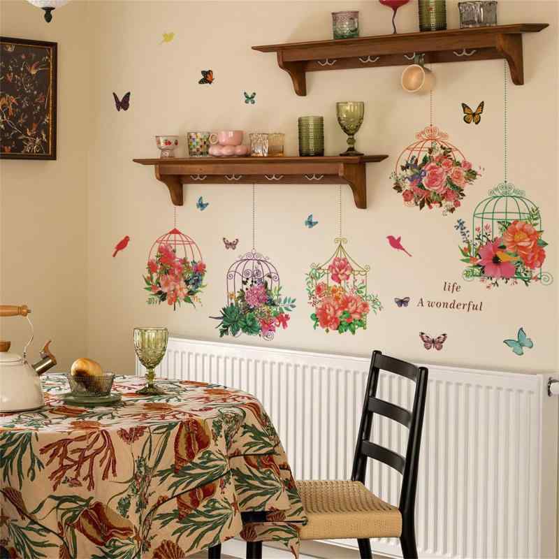 ウォールステッカー 花 植物 蝶 青 パープル 花の植物 牡丹 鳥かご ウォールシール 壁紙 花柄 壁 シール 剥がせる モダン カフェ風 女の子 寝室 リビング ルーム 壁装飾 ウォールペーパー ア