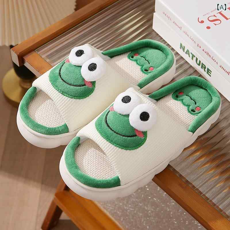 乐天商城 - 新しい 春 夏の 女の子の 家の カップルの 亜麻の スリッパの 四季の 滑り 止めの 厚い 底の 漫画の カエルの 涼しい 卸売り