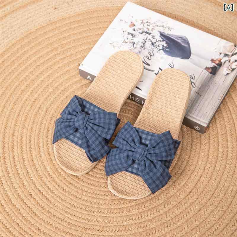 乐天商城 - 新しい 布 芸の リネン スリッパ 女性の 夏の 家庭 用 カップルの 室内の 柔らかい 底の 滑り 止めの 家庭 用 サンダル