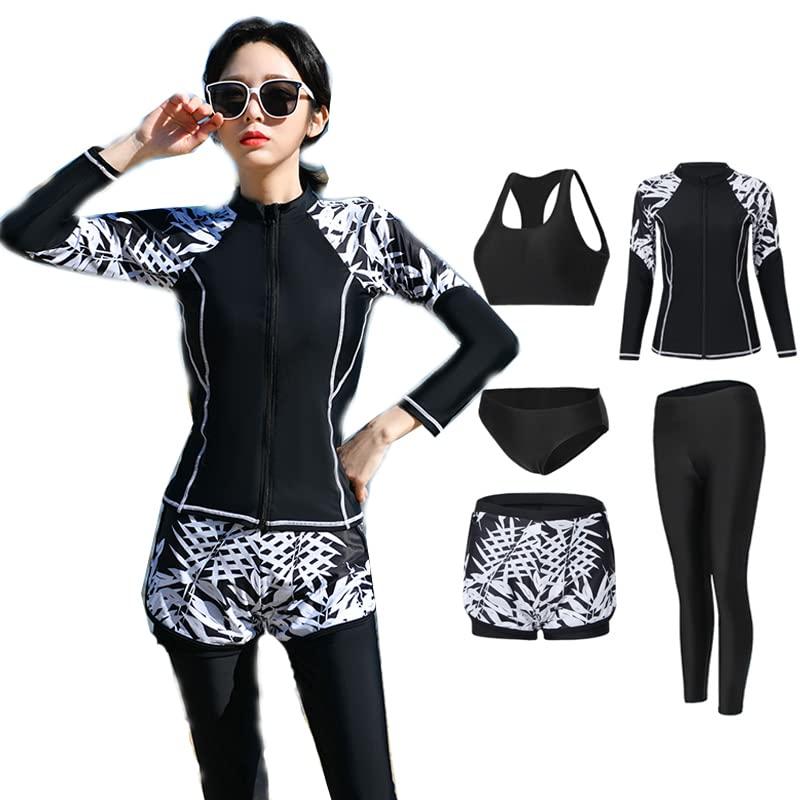 [wisuwore] 水着 レディース 体型カバー ラッシュガード 水陸両用 タンキニ 水着 レギンス ビキニ 5点セット セパレーツ 前開きファスナー UVカット 速乾性 胸パット付き 高校生 中学生 ビキニ 2