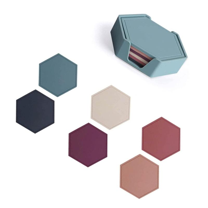 コースター シリコン製 6枚セット 収納ケース付き 組み合わせタイプ 六角形 無地 おしゃれ 北欧 滑り止..