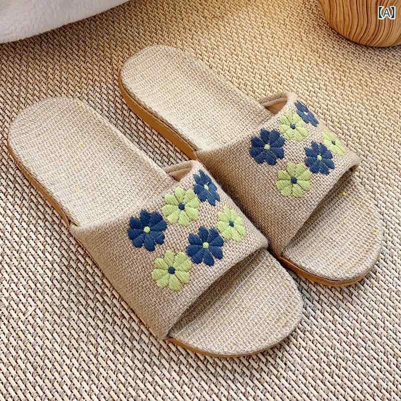 Rakuten - 機械 刺繍の 女性の 新しい リネン スリッパ 女性の 夏の 家庭 用 カップル 屋内 ソフトソール 滑り 止め サンダル 男性 夏