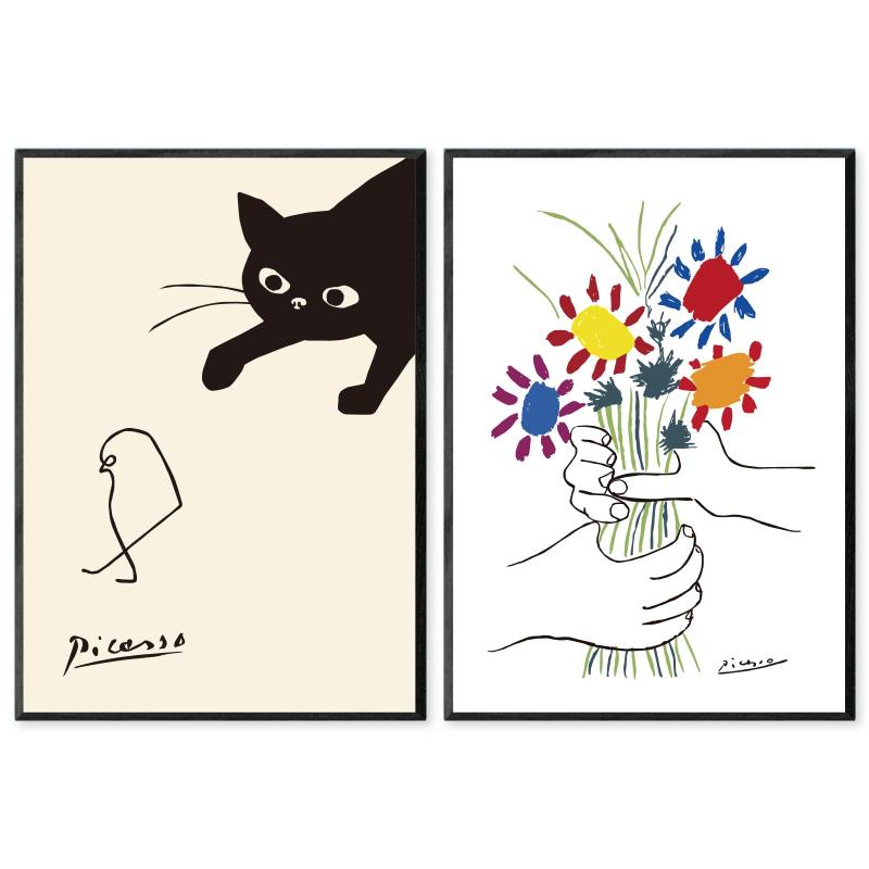 ピカソ ポスター アートポスター リトグラフ 花束を持つ手 ネコ ひよこ 2枚セット SQIP (スキップ) 北欧 おしゃれ ラインアート 線画 ボタニカル カラフル 絵画 絵 インテリア