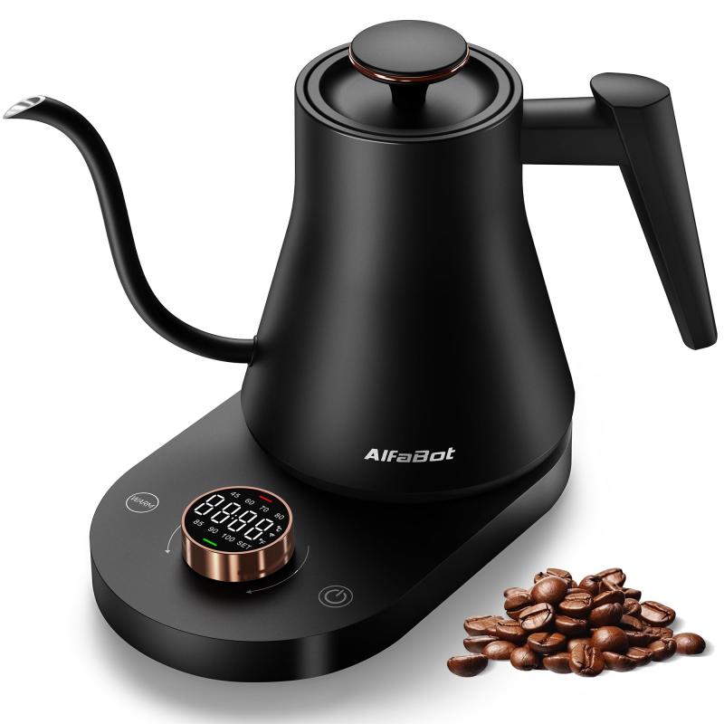AlfaBot 電気ケトル 温度調節 コーヒーケトル 細口 ドリップケトル 1℃単位温度設定 1.0L大容量 空焚き防止 急速沸騰 8時間保温 LED表示パネル 電気ポット お手入れ簡単 お茶 コーヒー