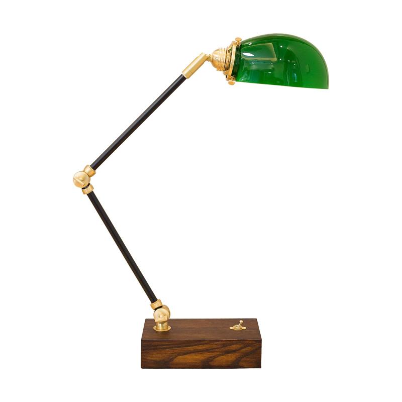 バンカーズランプ 高さ調整可能 緑ガラスシェード 真鍮×白蠟木ベース｜レトロデスクライト E26口金 間接照明 書斎・寝室・ギフト用（電球別売）