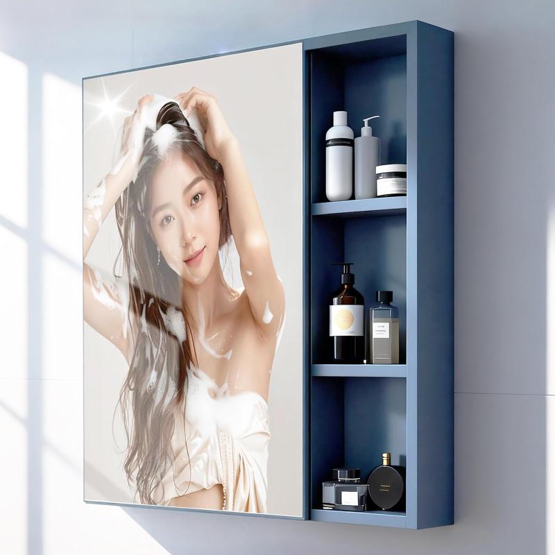 NODIBRO ミラーキャビネット 壁掛け 浴室ミラー 多層収納 洗面化粧台 洗面所用ミラーキャビネット ブルー お風呂鏡 洗面鏡 収納棚 おしゃれ シンプル 55*65cm