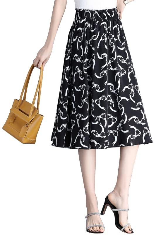 [syvent] レディース 小花柄 ミディ丈 シフォン フレアスカート 夏 ウエストゴム スカート 裏地付き ひざ丈 スカート