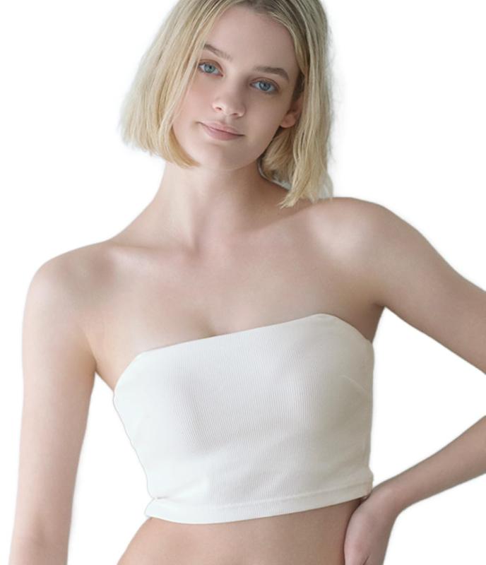 [ピーチ・ジョン] 【カップ付き ベアトップ ノンワイヤー ストラップレス リブ 2WAY 肩ひも取外し可能 肩・背中見せ ショート丈】【PJ BASIC】コットンミックスリブ ブラトップ