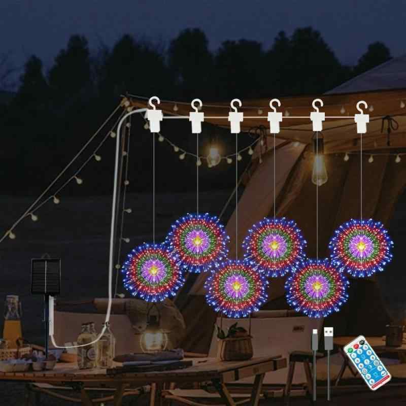YZYOEリモコン付きLED屋外太陽光カラー花火灯6組、防水ソーラーとUSB給電の庭の雰囲気装飾ライト、8パターンのDIYパスライト。