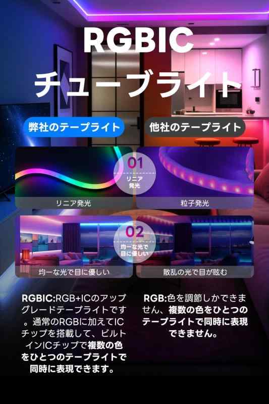 SPAHER LEDテープライト USB RGBIC チューブ リニア発光 防水 調光調色 ネオンライト 5V