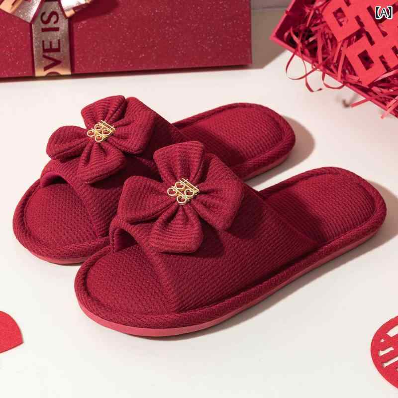 Rakuten - 結婚 祝いの スリッパ 夏の 室内の 家庭の お祝いの 赤い カップルは 結婚 祝いの スリッパの 四季の 亜麻の スリッパを 付き添います。