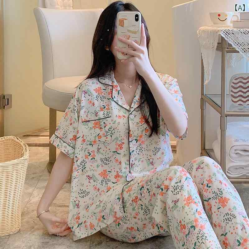 Rakuten - 半袖の ズボンの 新型の カーディガンの 綿の パジャマの 女性の 夏の 爆発の 甘い 気質の 家庭 服の 丸い 点の 綿の スーツ