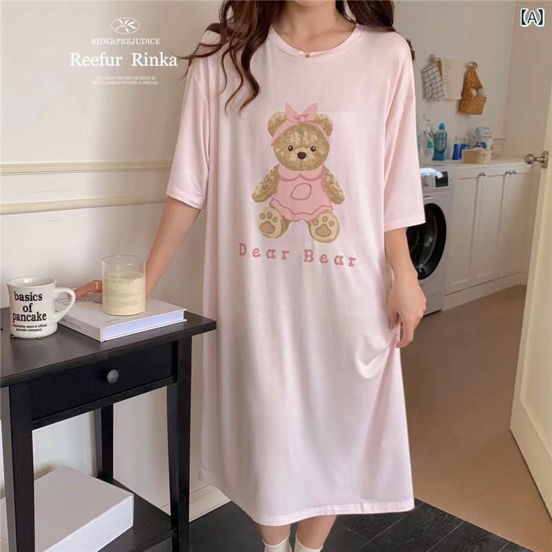 乐天商城 - Reefur Rinka 梨 花 家 春の 薄い 女性 モーダルラウンドネックプリント 人形 熊 半袖 長 寝 スカート 家庭