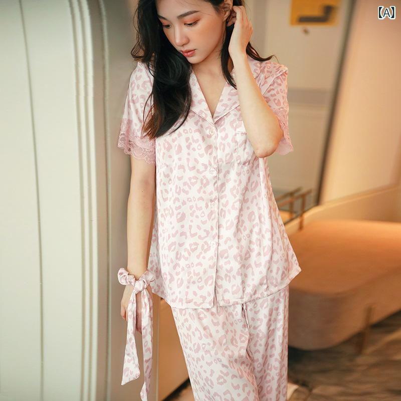Rakuten - ネットの 赤い 爆発の ピンクの ヒョウの 紋様の 半袖の ズボンの パジャマの 女性の シルクの 家の 服の 薄い タイプの 氷の 糸の 夏の スーツの 新しいです。