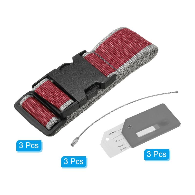 PATIKIL 荷物用ストラップ ラゲッジタグとルー プ付き 200 x 5 cm 3セット 調節可能なスーツケースベルト 旅行用パッキングバッグ クロージャの識別 ワインレッド グレー