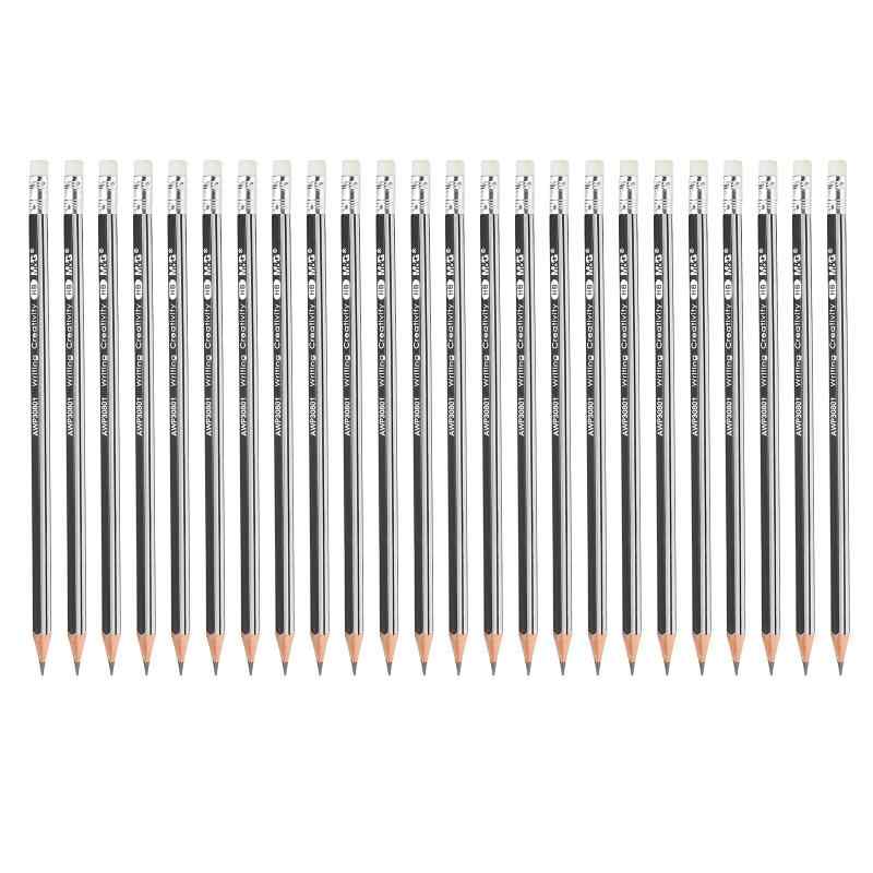 M&G 木製六角形鉛筆 24本HB鉛筆 グラファイト丸鉛筆 消しゴム付き 教室 教師 事務用品 シルバー 黒