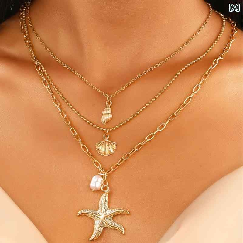 Rakuten - 欧米 合金 三 層 海星 真珠 ペンダント ネックレス 女性 ボヘミアン 貝殻 海洋 アクセサリークロスボーダーアクセサリー