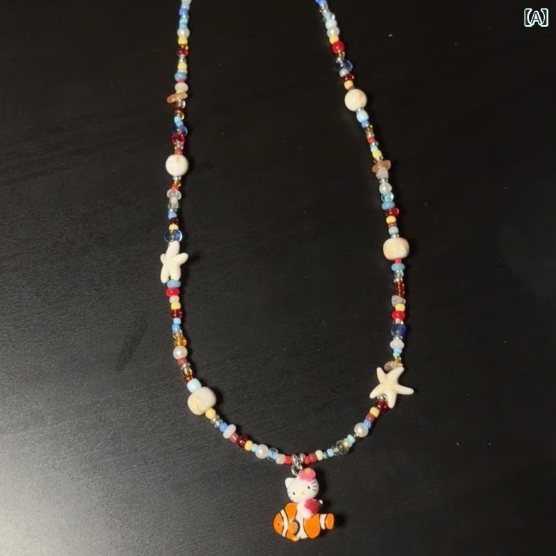 樂天商城 - 甘い 風の 自作の Kittyの 小さい 醜い 魚の 数珠の ネックレスの 海洋の シリーズの 小さい 大衆の 設計は 春 夏の ネックレスを 合わせます。