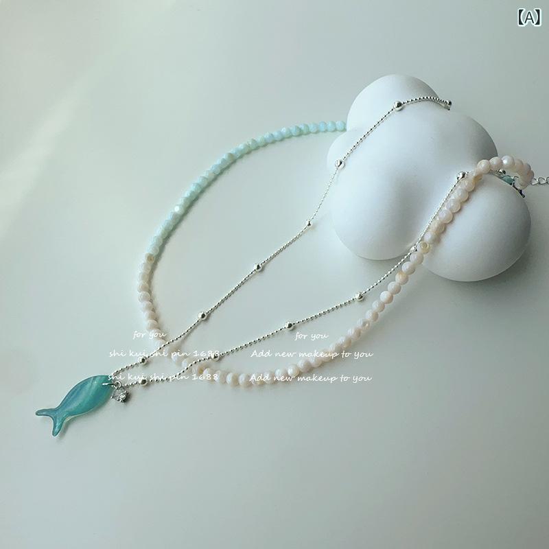 Rakuten - オーシャン スタイルの 青い 魚 ペンダント ネックレス、 貝殻の 積み重ね 二 重 鎖骨 チェーン、 気質 ネックレス、 癒しの スタイル、 新鮮で 新鮮