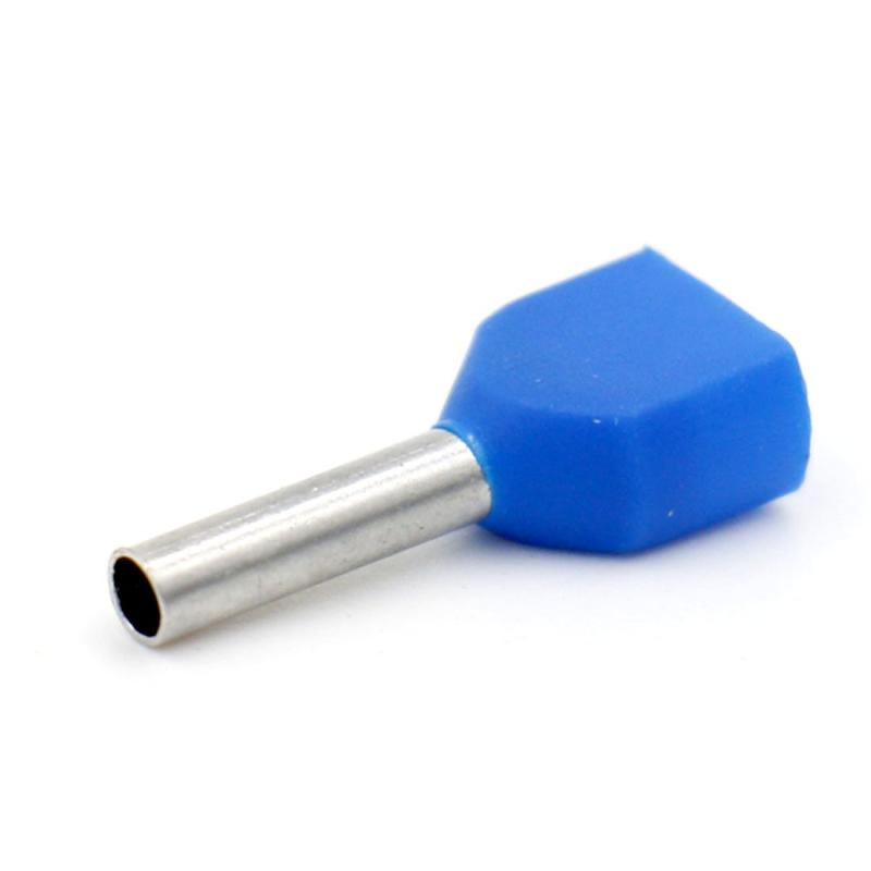 Heschen ツインクリンプTE7508 AWG 20 * 2/0.75 mm² * 2, ツインコードエンドフェルール, ツインコードエンドターミナル, 長さ8 mm, 青, 1000個入り寸法 F: 8.0mm、L: 15.0mm、W: 5.5mm、B: 7.0mm、D: 2.05mm、C: 1.7mm最大電流: 12Amp動作電圧: 600V耐熱温度: 105度素材は 銅、PP