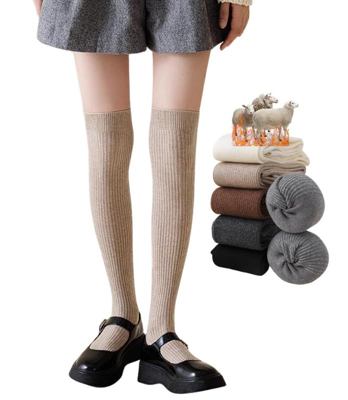 [Furidom] ウールニーハイソックス レディース リブ編み靴下 着圧オーバーニーソックス 防寒 秋冬保温 厚手 ロングソックス あったか 伸縮性 美脚 柔らかい 冷え対策 通学通勤