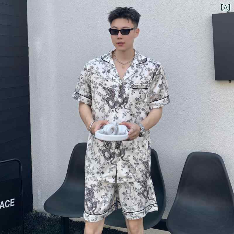 乐天商城 - ファッション ブランドの 薄い シルクの 家庭 服 韓国 版 デザイン 感 男性 半袖半 ズボン ビーチ 服 氷 糸 カジュアル パジャマ
