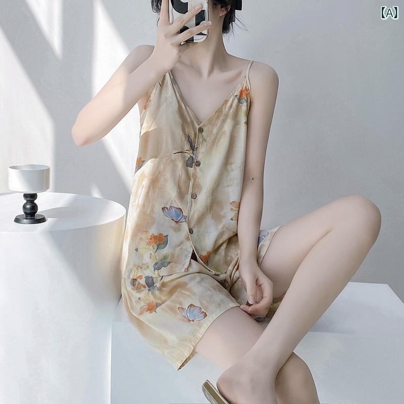 樂天商城 - 女性の ための 水墨 画 スリングコットンシルクパジャマ 海辺の 休暇 2025 夏の 新しい 新しい 中国 風の 綿 シルク スーツ