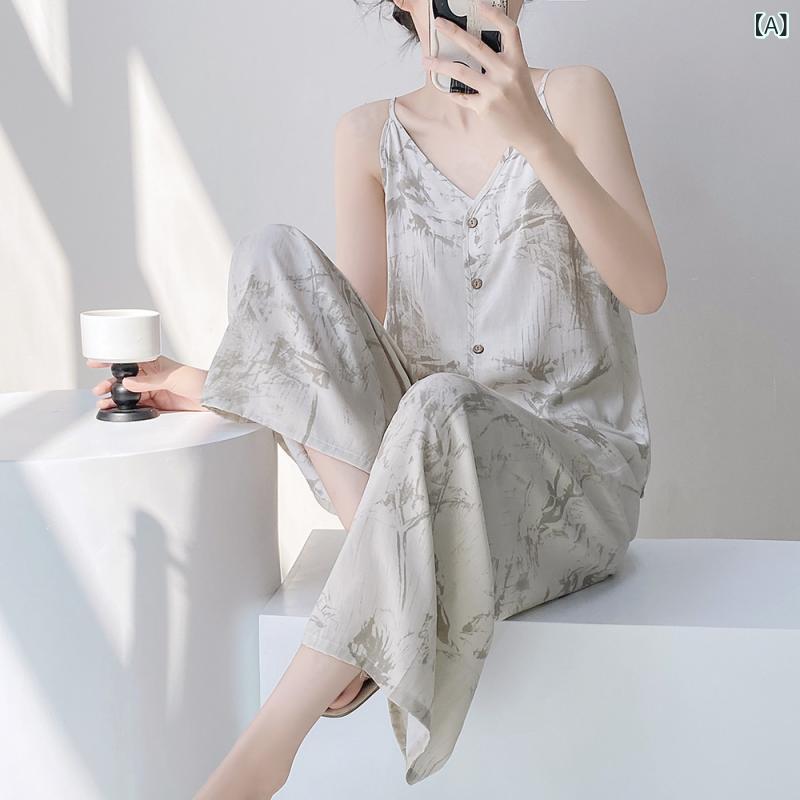 Rakuten - 国民 スタイルの 新しい 中国 風の 綿 シルクプリントサスペンダーパジャマ 2 点 セット 女性の 夏の 新しい ズボン 純粋な 欲望の 休暇 ホーム 服