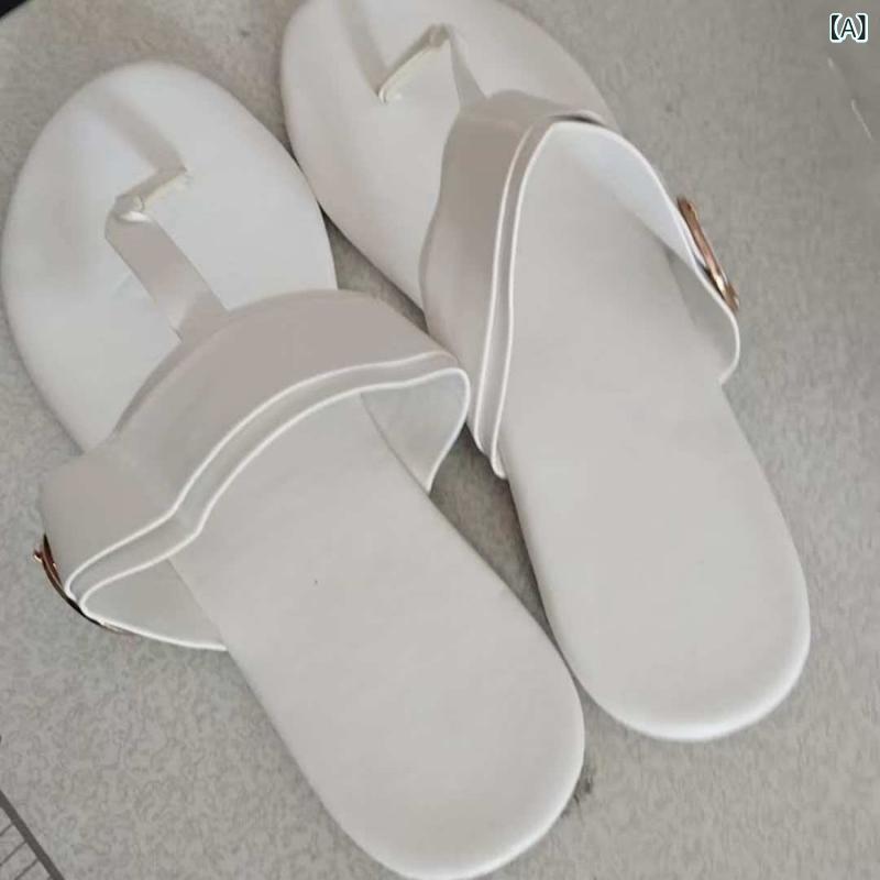 Ballet Shoes - 外国 貿易 大型 ビーチサンダルヨーロッパと アメリカの 夏の 新しい 平底 ビーチ サンダル 金属 バックル 装飾 アウタースリッパ 女性の ための