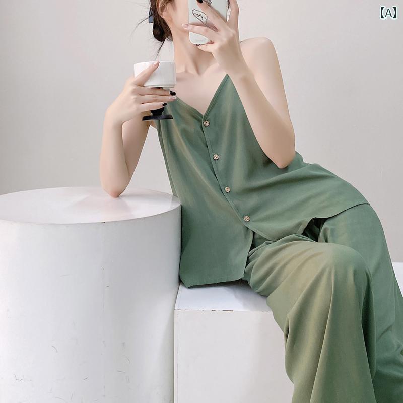 Rakuten - 2025 新型 夏 綿の シルクの 新しい 中国 式の 寝 スカートの 女性の ゆったりと した リゾート 風の ファッションの 袖 なしの ズボンの 部屋の 服の スーツ