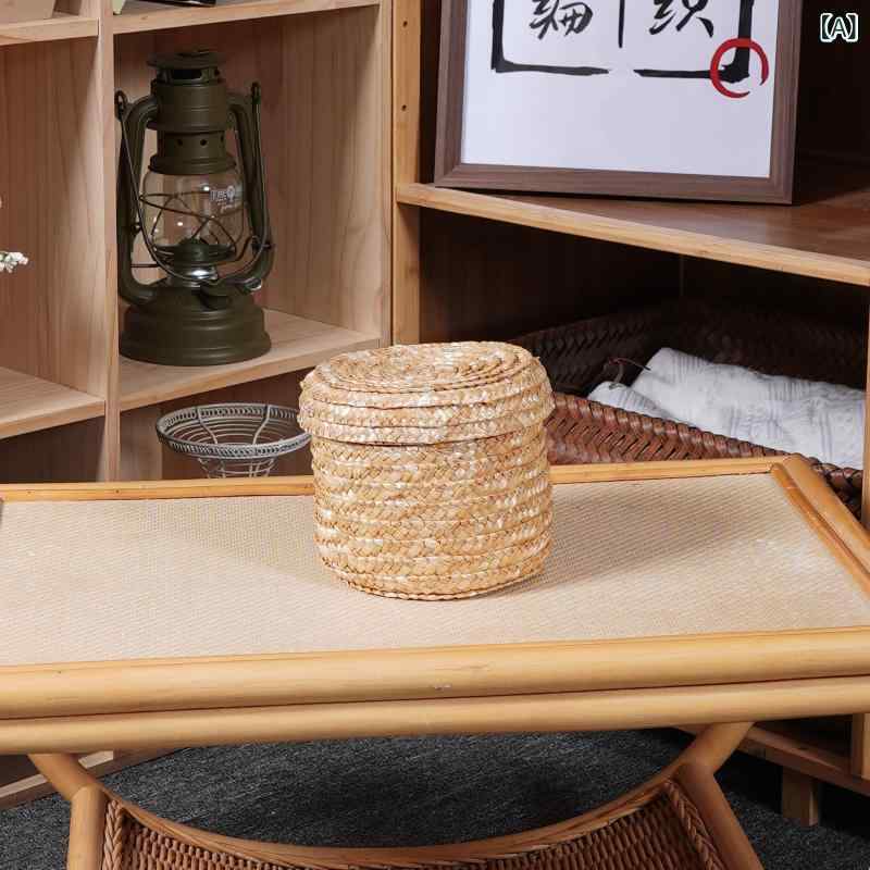 樂天商城 - 厳選 さ れた 送料 無料の 編み込み 丸 型 草 かご、 田園 風 デスク トップ 収納 バスケット（ 蓋 付き）、 結婚式の 収納 バケツ、 ギフト ボックス