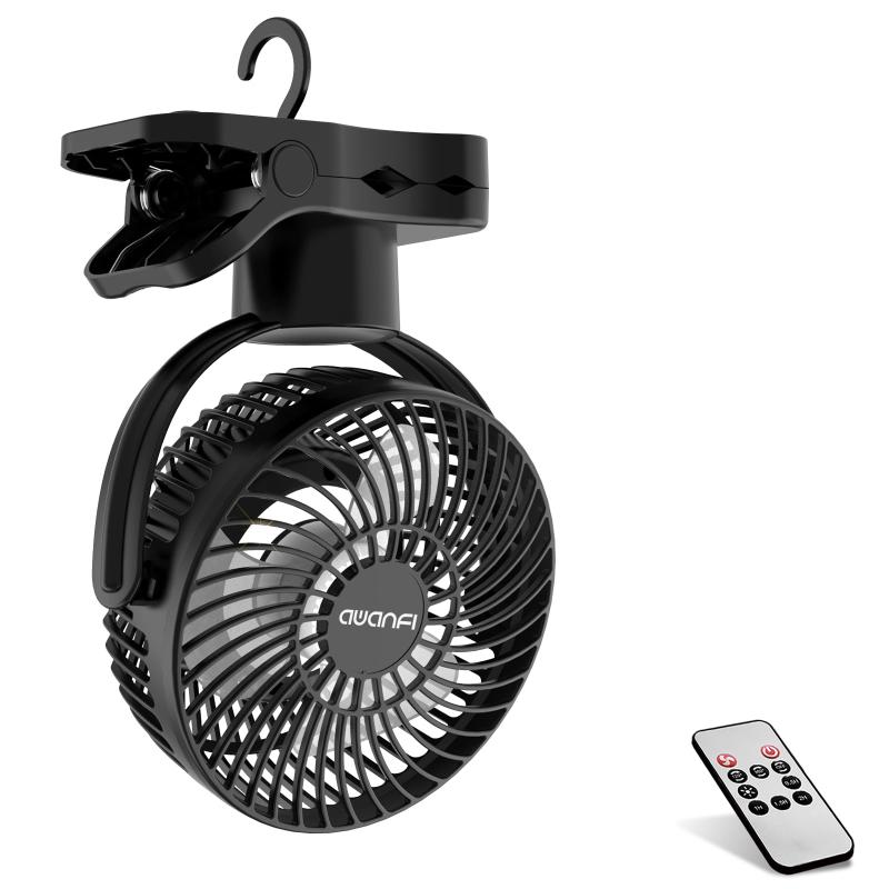 AWANFI【360度自動首振り】扇風機 クリップ 卓上 吊り下げ 10000mAh USB充電式 リモコン付き 静音 小型 風量調節可能 LEDライト搭載 キャンプ アウトドア 黒