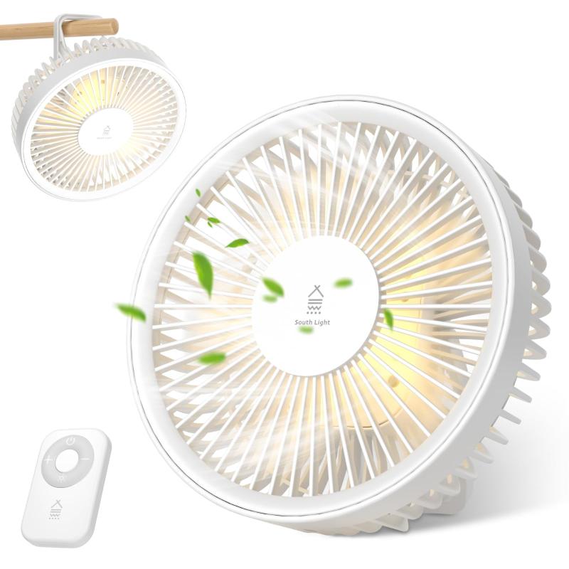 【2025新登場＆小型扇風機】 卓上扇風機 DCモーター コードレス 扇風機 3WAY 壁掛け 卓上 吊り下げ扇風機 風量4段階 静音 リモコン付 led照明ライト付 お手入れ簡単 軽量 小型 USB扇風機 省エネ