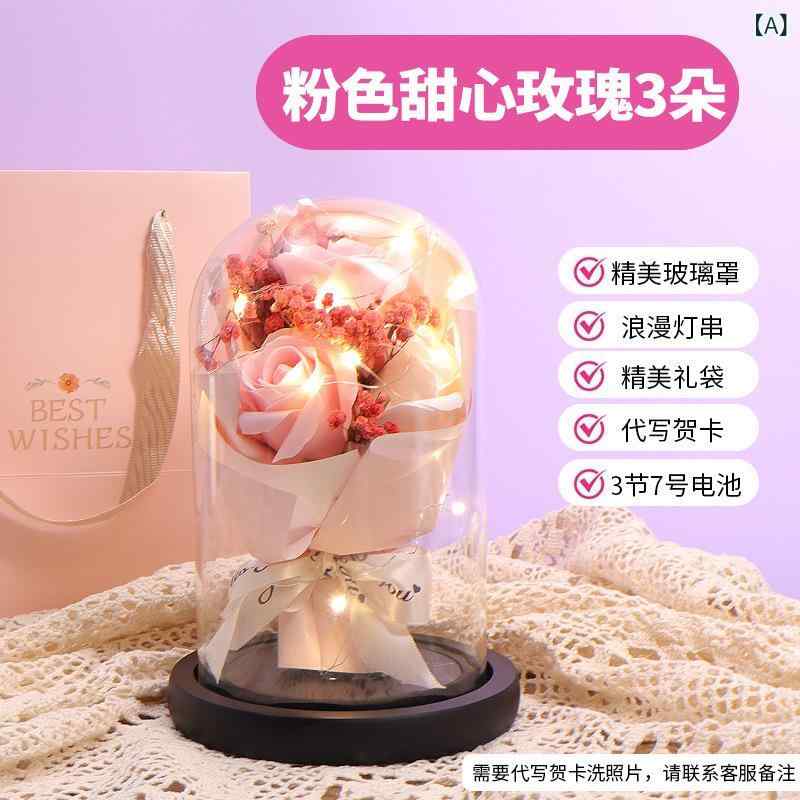 Rakuten - 教師の 日の 永遠の ドライ フラワー、 光る バラの ガラス カバー、 完成 品、 ガールフレンドの ブーケ、 誕生 日 プレゼント、 実用 的な 装飾 品