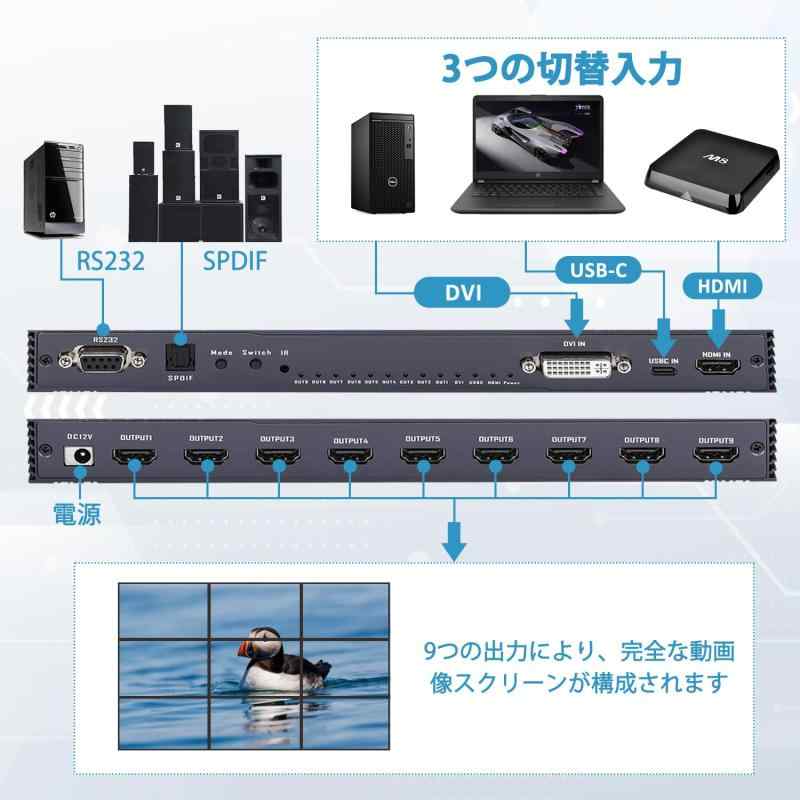 3x3 HDMI ビデオウォールコントローラー 4K@30Hz HDディスプレイ 1920x1080P 60Hz DVI USB-C RS232 映像入力 9 HDMI 出力 リモコン付き、縁消し、90°/180°/270°回転切り替え、13つのディスプ