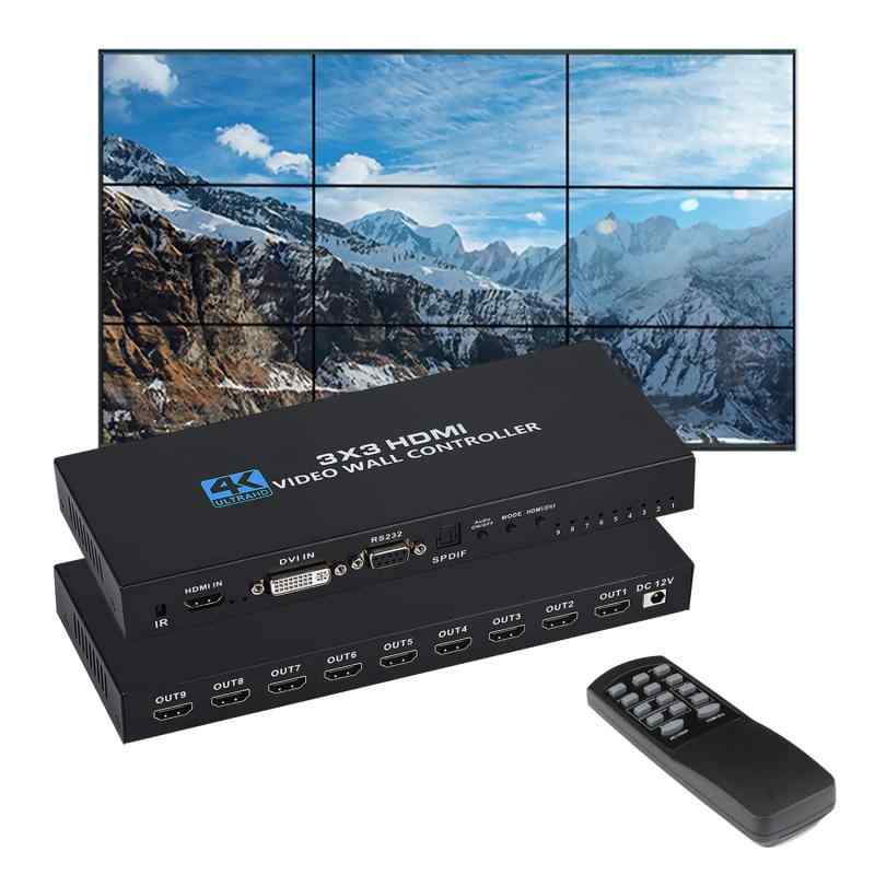 3x3 HDMI ビデオウォールコントローラー 4K@30Hz HDディスプレイ 1920x1080P 60Hz DVI USB-C RS232 映像入力 9 HDMI 出力 リモコン付き、縁消し、90°/180°/270°回転切り替え、13つのディスプ