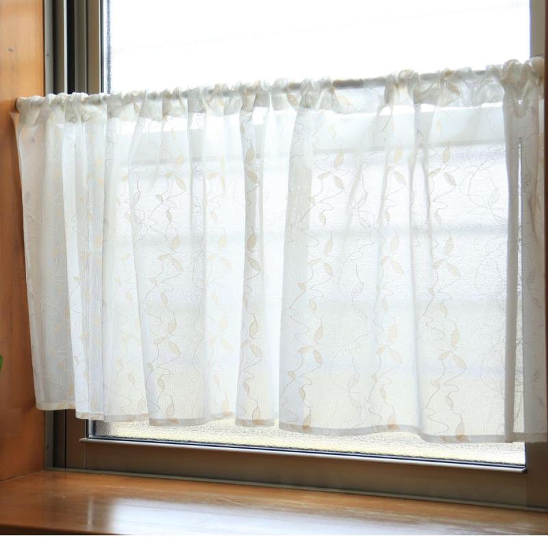 機能性 カフェカーテン 幅145×丈70cm リーフ柄 ベージュ 2サイズ展開 小窓カーテン キッチン カウンタ..