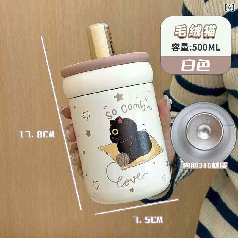 乐天商城 - 女の子 用 魔法瓶 携帯 用 かわいい 猫 型 水筒 子供 用 女の子 用 高 見え ストローカップステンレス 製 オフィス カップ