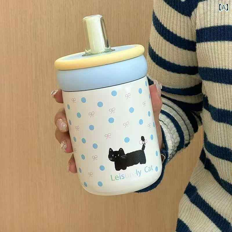 乐天商城 - 新型 316 ステンレス 猫 保温 カップ 二 重 真空 ハンディ コーヒー 牛乳 カップ 携帯 付き ストロー カップ(x2)