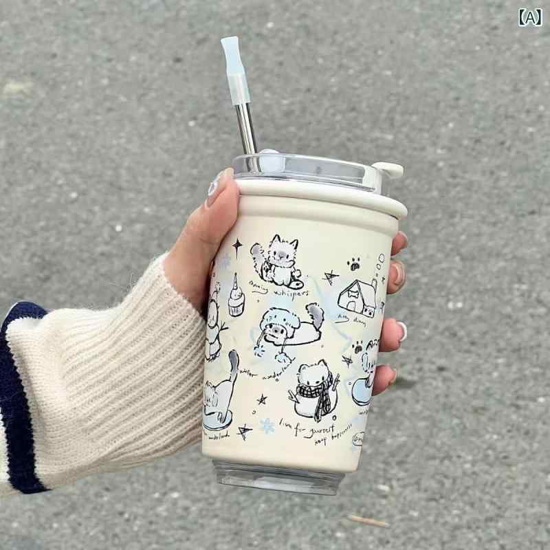 乐天商城 - 316 ステンレス 手描き 保温 カップ 猫 猫 ins 高 颜値 ストロー かわいい コーヒー カップ