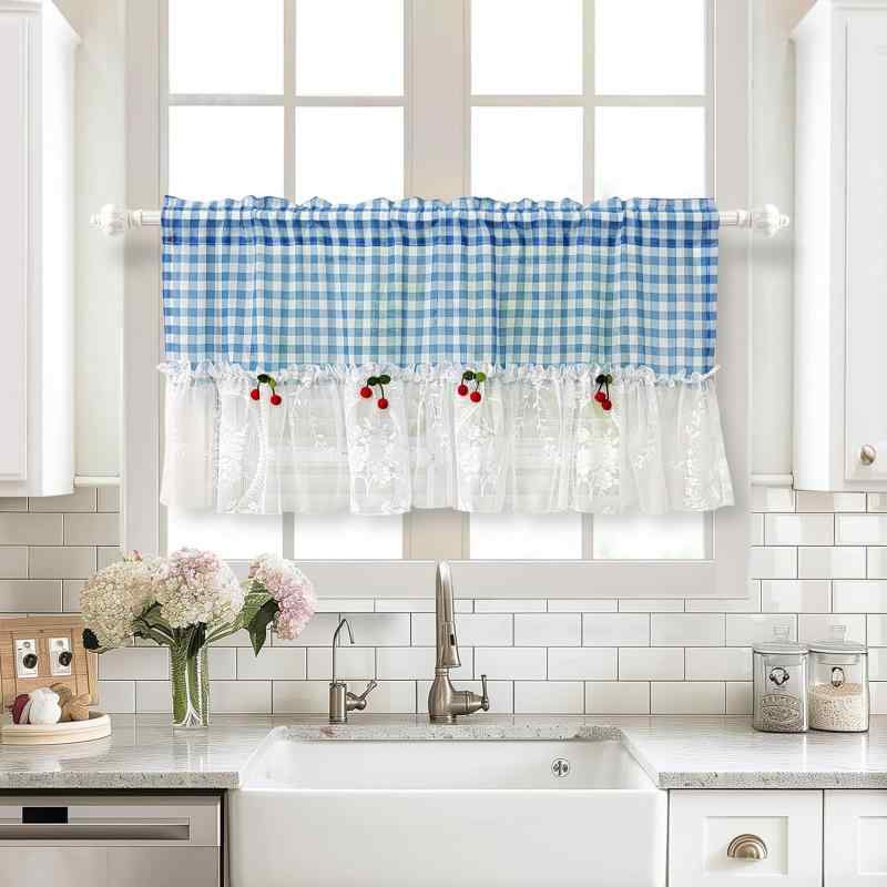 カフェカーテン 青い格子柄 おしゃれ 短い カーテン 添付された桜の飾り 小窓 遮像 目隠し 間仕切り 洗..