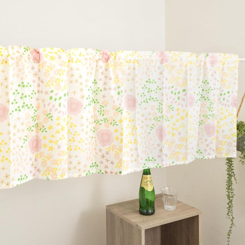 ORANGE APRON 遮熱 カフェカーテン 小窓用 突っ張り棒タイプ 花柄 リーフ柄 洗える 遮熱カーテン レー..