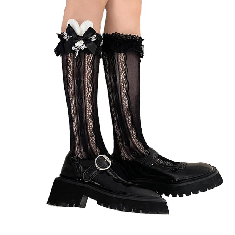 [FASELE] 靴下 ハイソックス ソックスレディース くつした JK 女の子 リボン 可愛い 蝶結び ウサギ耳 真珠 ロリターソックス 綿 lolita 通勤 通学 薄手 春夏秋 22-25cm