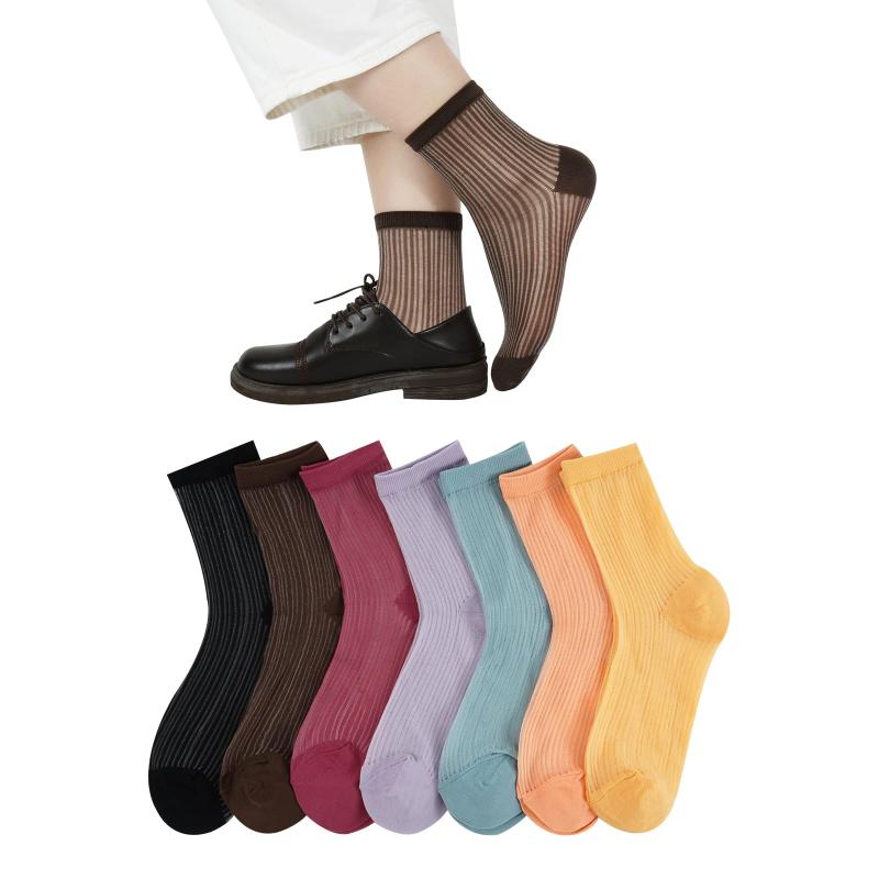 [DAMILY] 靴下 レディース シースルー 夏 クルーソックス レース靴下 おしゃれ 蒸れない くつした 女性用 婦人 夏用 シースルーソックス 7足セット 22-24.5cm