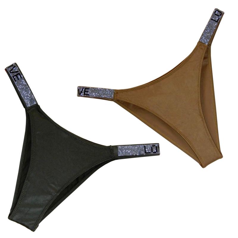 [SCフレイヤ] レディース ショーツ 2枚セット ラインストーン ハイレグ ハーフバック (ブラック/キャメル, L)