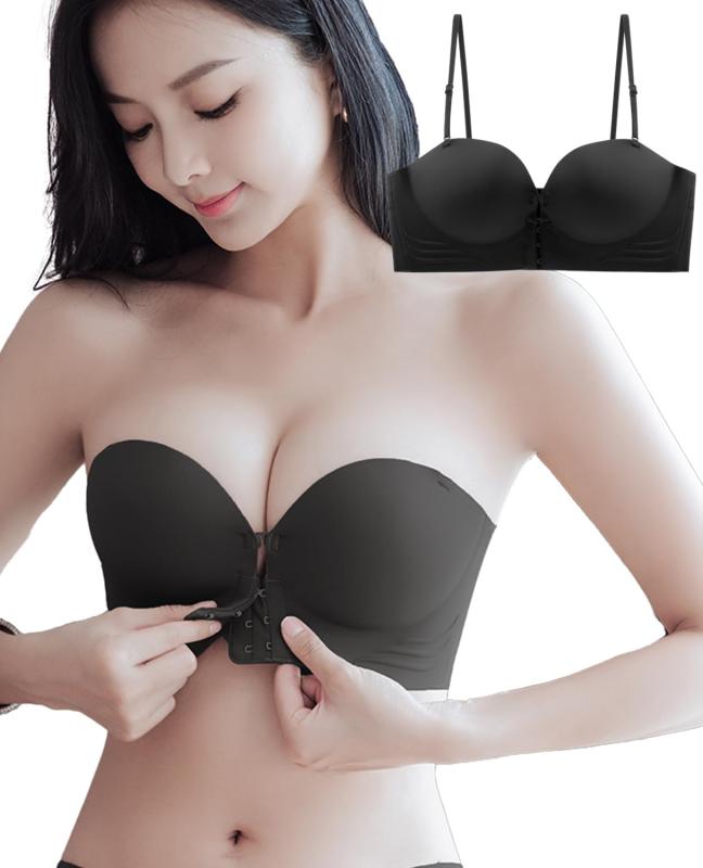 [Kayuuhin] ストラップレスブラ チューブトップ 前ホック 厚手のカップ・寄せ上げ 胸が大きく見える ダンスてもズレ落ちず·滑り止め シームレスノンワイヤー 紐なしブラ 脇高 背中見せ ブラ