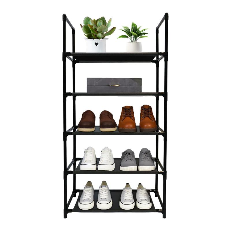 シューズラック 5段 省スペース靴収納 8-10足コンパクト 組み立て簡単玄関 スリム 靴ラック幅約45×奥行28×高さ90cm ポリプロピレン＆鉄 ブラック【超省スペース設計】幅45cmのスリム靴ラック玄関や狭いスペースに最適なコンパクト...