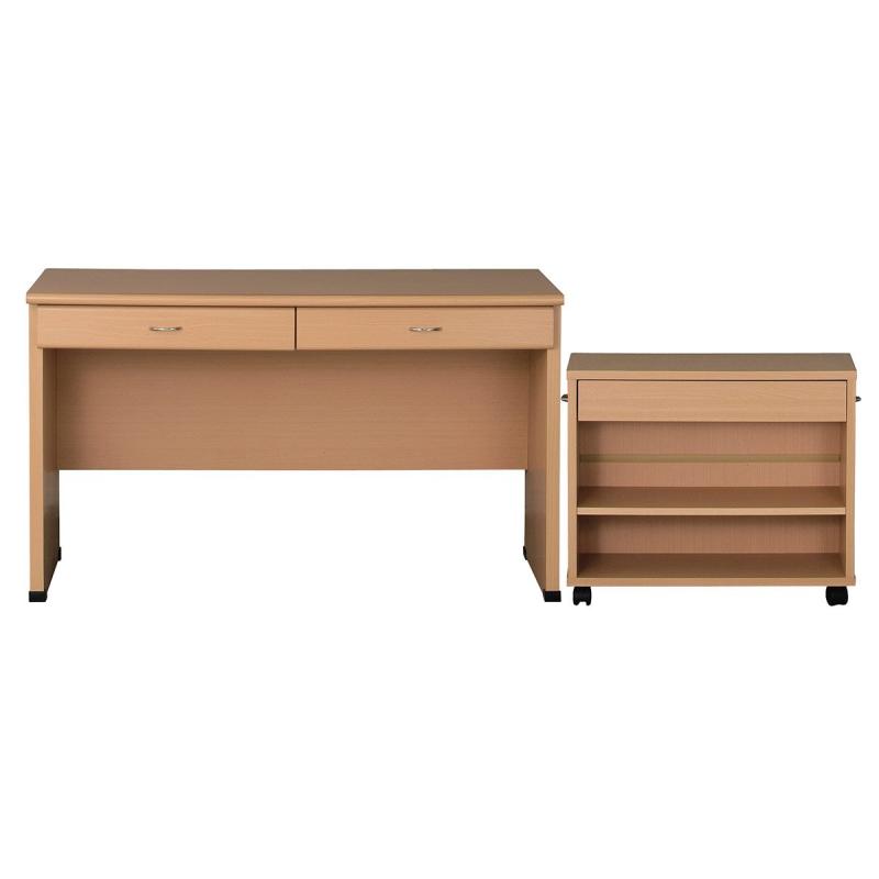 【サンゴ】パソコンデスク 木製 引き出し付き 幅120cm ラック2点セット 木目ベージュ 北欧風 在宅ワー..