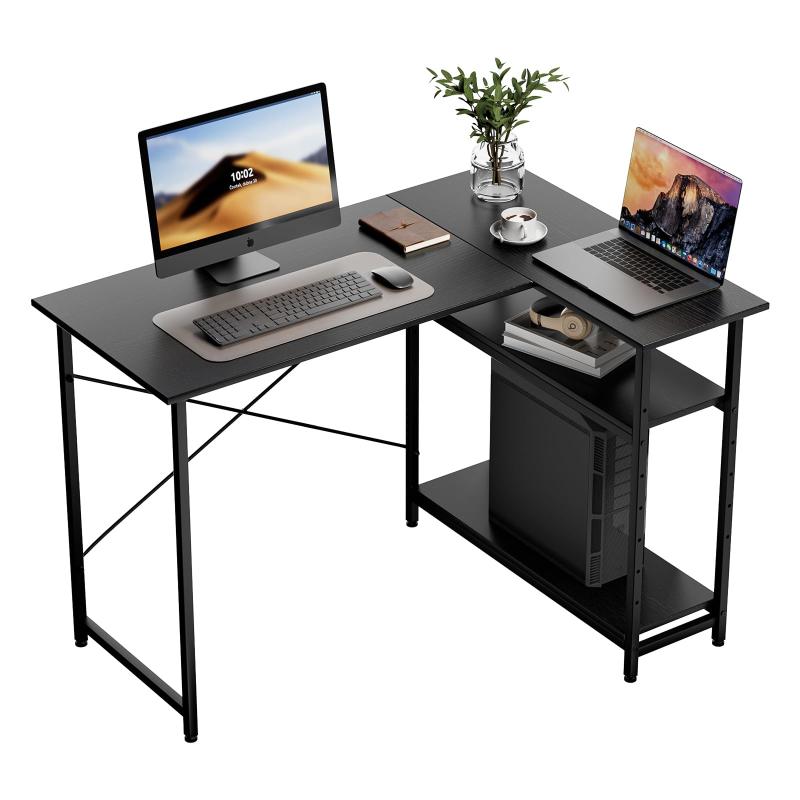 MIYOKI L字デスク 幅110×奥行48×高さ75cm 左右入替え PCデスク コーナー型 ゲーミング 収納ラック付き 棚板高さ調節可能 テレワーク 在宅勤務 学習机 省スペース ワーク 作業机 シンプル オフィ(3.0)