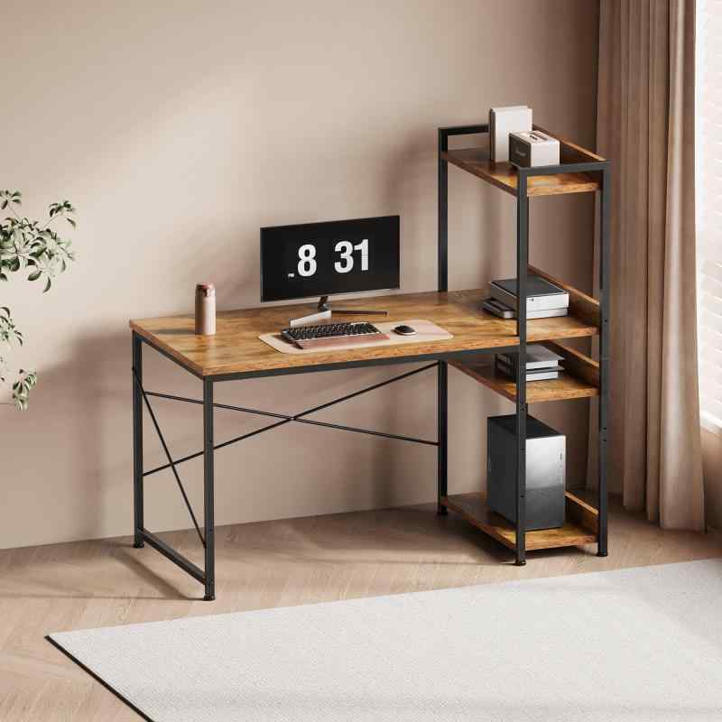 YeTom 勉強机 パソコンデスク 机 ラック付きデスク 幅100cm×奥行48cm ワークデスク オフィスデスク 学習机 左右入替可 可動式棚板